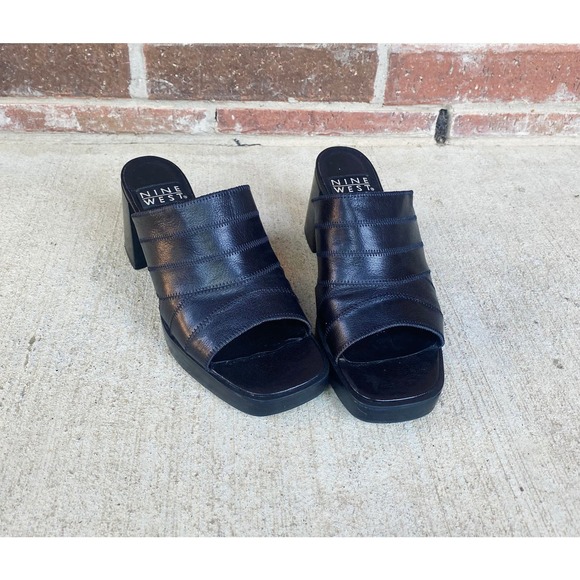 size 6.5 vintage y2k BLACK STITCHED Peep Toe PLATFORMS chunky leather square toe - Picture 4 of 10